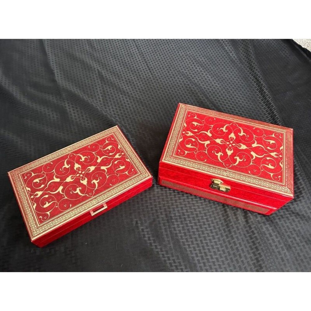 Mele Vintage Faux Leather Jewelry Box Set Red Gold Scroll Storage Trays